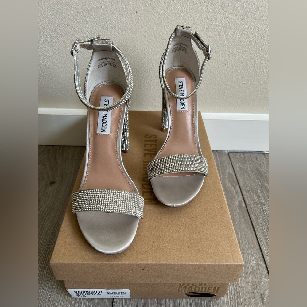 Steve Madden Silver ankle strap heels crystal embellishment